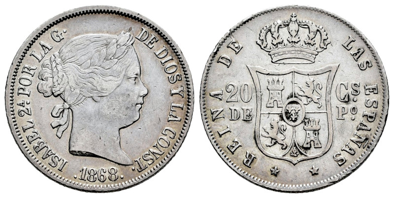 Elizabeth II (1833-1868). 20 centavos. 1868. Manila. (Cal-661). Ag. 5,19 g. Mino...