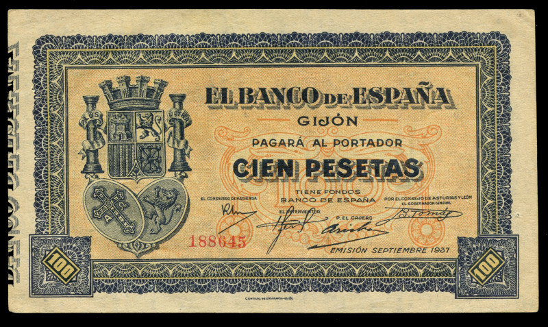 100 pesetas. 1937. Gijón. (Ed-399). Septiembre, Asturias and León. No serie. Sli...