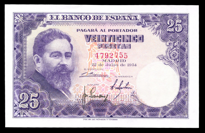 25 pesetas. 1954. Madrid. (Ed-467). (Pick-147a). July 22, Isaac Albéniz. Without...