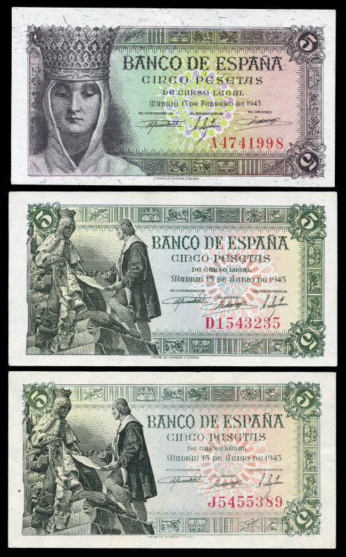 Lot of 3 banknotes 5 pesetas 1943 (1) and 1945 (2). All with series. TO EXAMINE....