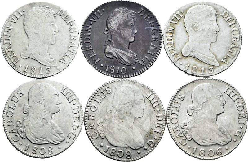 Lot of 6 coins of 2 reales; Madrid 1806, Madrid 1808, Seville 1808, Cadiz 1810, ...