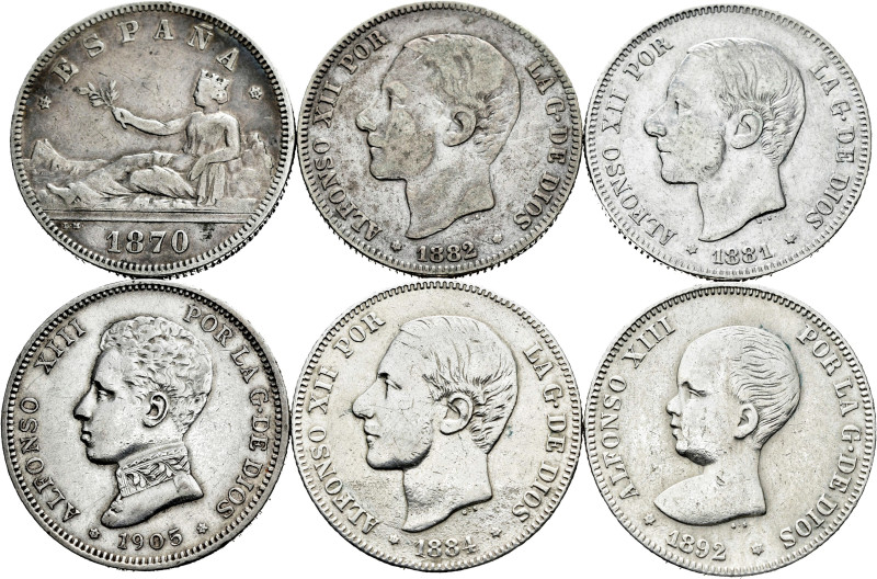 Lot of 6 silver 2 peseta coins of the centenary of the Peseta; 1870, 1881, 1882,...