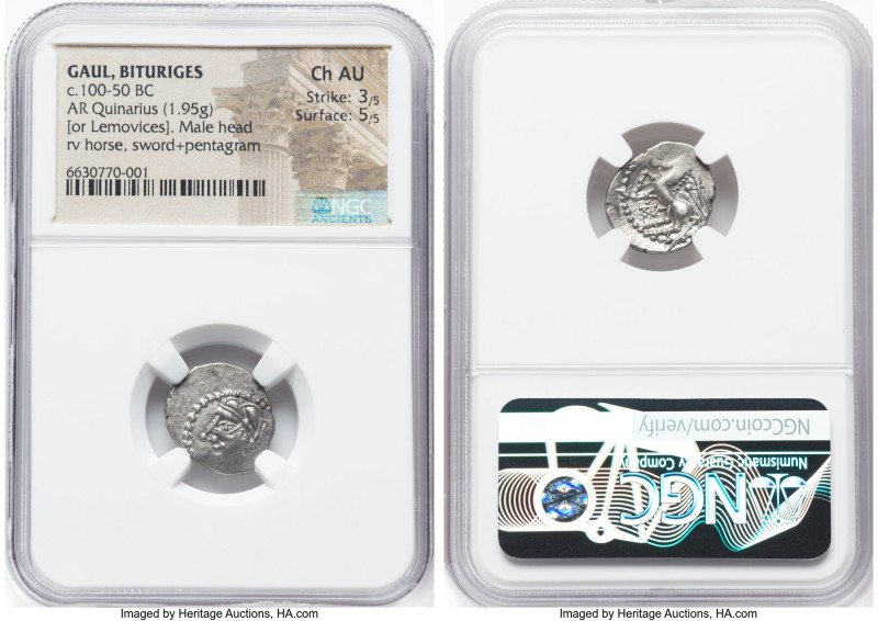 CENTRAL GAUL. Bituriges. Ca. 100-50 BC. AR quinarius (16mm, 1.95 gm, 9h). NGC Ch...