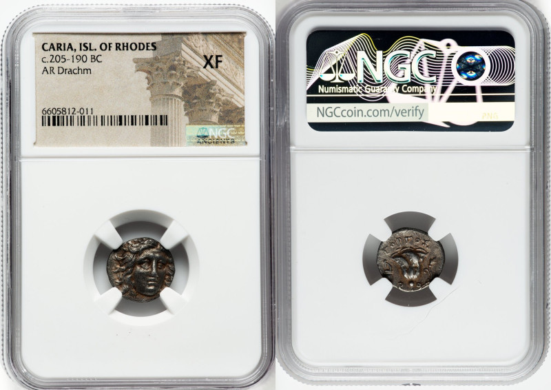 CARIAN ISLANDS. Rhodes. Ca. 205-190 BC. AR drachm (15mm, 12h). NGC XF. Gorgos, m...