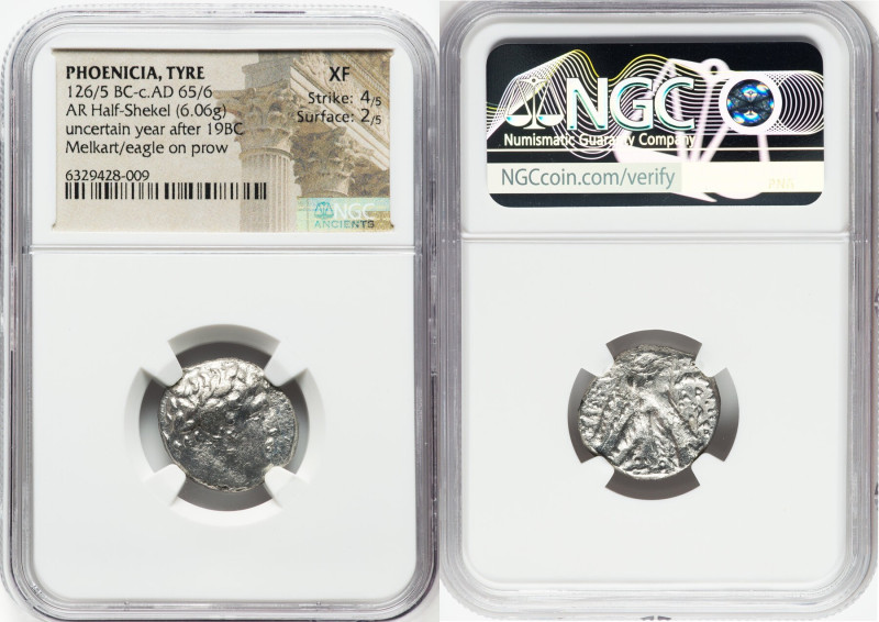 PHOENICIA. Tyre. Ca. 126/5 BC-AD 65/6. AR half-shekel (19mm, 6.06 gm, 12h). NGC ...