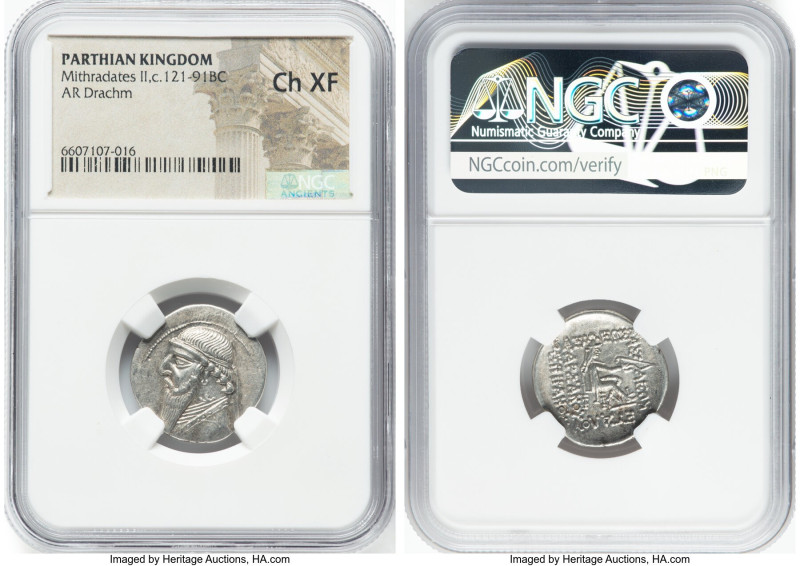 PARTHIAN KINGDOM. Mithradates II (ca. 121-91 BC). AR drachm (26mm, 11h). NGC Cho...