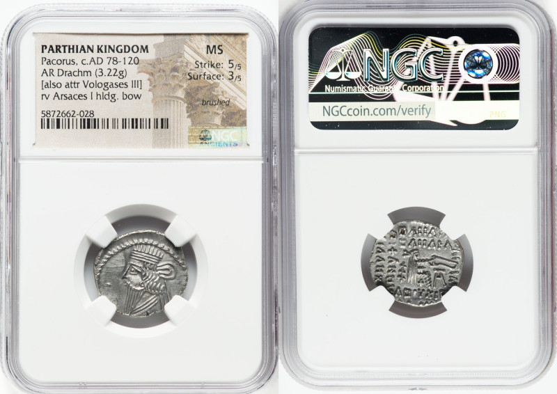 PARTHIAN KINGDOM. Pacorus I (ca. AD 78-120). AR drachm (19mm, 3.22 gm, 1h). NGC ...