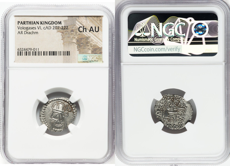 PARTHIAN KINGDOM. Vologases VI (AD 207-222). AR drachm (20mm, 12h). NGC Choice A...