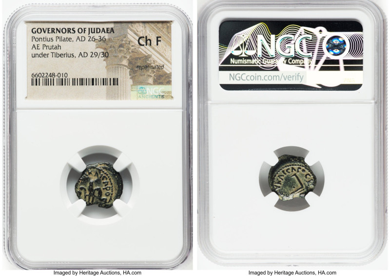 JUDAEA. Roman Procurators. Pontius Pilate (AD 26-36). AE prutah (16mm, 11h). NGC...