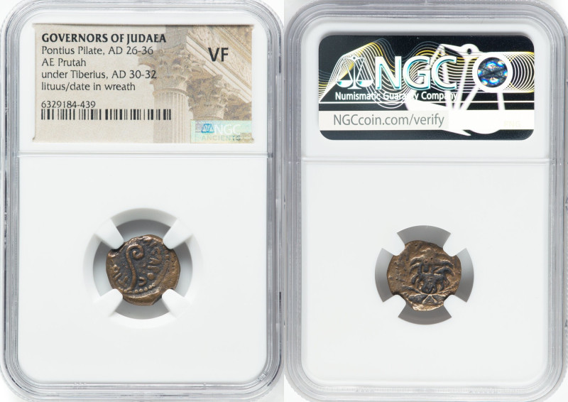 JUDAEA. Roman Procurators. Pontius Pilate (AD 26-36). AE prutah (15mm, 1h). NGC ...