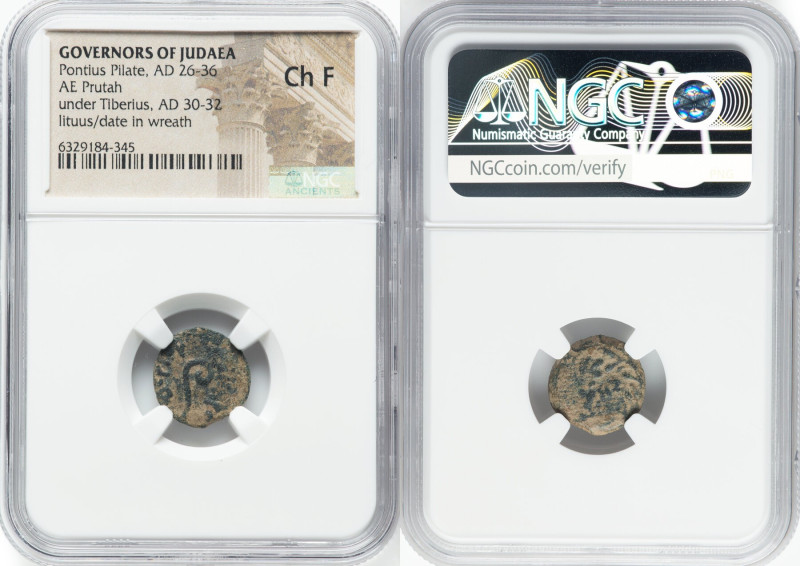 JUDAEA. Roman Procurators. Pontius Pilate (AD 26-36). AE prutah (15mm, 11h). NGC...