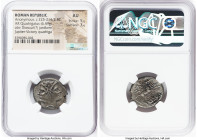 Anonymous. Ca. 225-214/2 BC. AR didrachm or quadrigatus (21mm, 6.49 gm, 11h). NGC AU 5/5 - 3/5. Uncertain mint. Laureate janiform heads of the Dioscur...