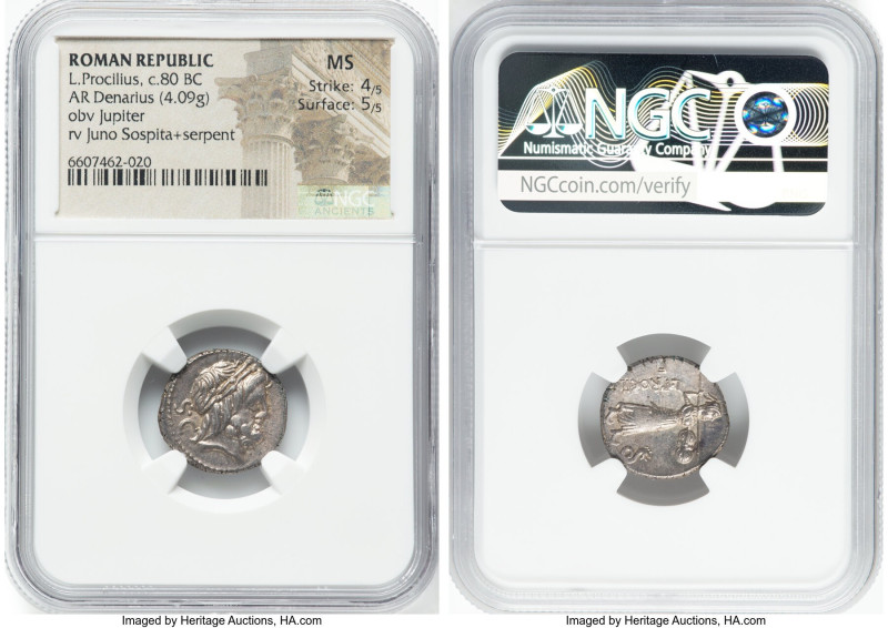 L. Procilius f. (ca. 80 BC). AR denarius (18mm, 4.09 gm, 3h). NGC MS 4/5 - 5/5. ...