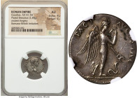 Claudius I (AD 41-54). AR fourrée denarius (19mm, 2.38 gm, 2h). NGC AU 4/5 - 3/5, marks. Romano-British forgery imitating Rome, AD 46-47. TI CLAVD CAE...