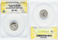 Nero, as Augustus (AD 54-68). AR denarius (18mm, 6h). ANACS XF 45. Rome, ca. AD 64-65. NERO-CAESAR, laureate head of Nero right / AVGVSTVS-GERMANICVS,...