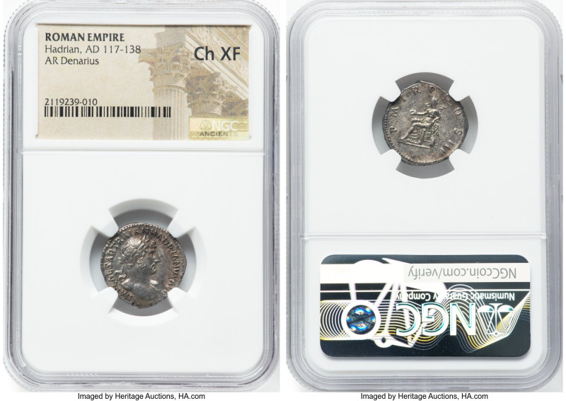 Hadrian (AD 117-138). AR denarius (18mm, 6h). NGC Choice XF. Rome, ca. AD 119-mi...