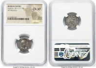 Hadrian (AD 117-138). AR denarius (18mm, 6h). NGC Choice XF. Rome, ca. AD 119-mid AD 120. IMP CAESAR TRAIAN HADRIANVS AVG, laureate, heroic nude bust ...