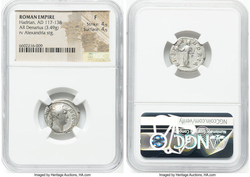 Hadrian (AD 117-138). AR denarius (17mm, 3.49 gm, 6h). NGC Fine 4/5 - 4/5. Rome,...