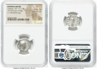 Hadrian (AD 117-138). AR denarius (17mm, 3.49 gm, 6h). NGC Fine 4/5 - 4/5. Rome, AD 130-133. HADRIANVS-AVG COS III P P, bare-headed Hadrian right / AL...