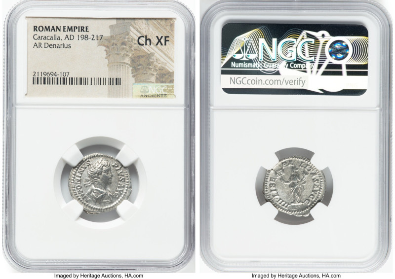 Caracalla, as Augustus (AD 198-217). AR denarius (19mm, 11h). NGC Choice XF. Rom...