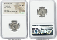 Geta, as Caesar (AD 209-211). AR denarius (19mm, 7h). NGC Choice XF. Rome, AD 200-202. P SEPT GETA-CAES PONT, bareheaded, draped, and cuirassed bust o...