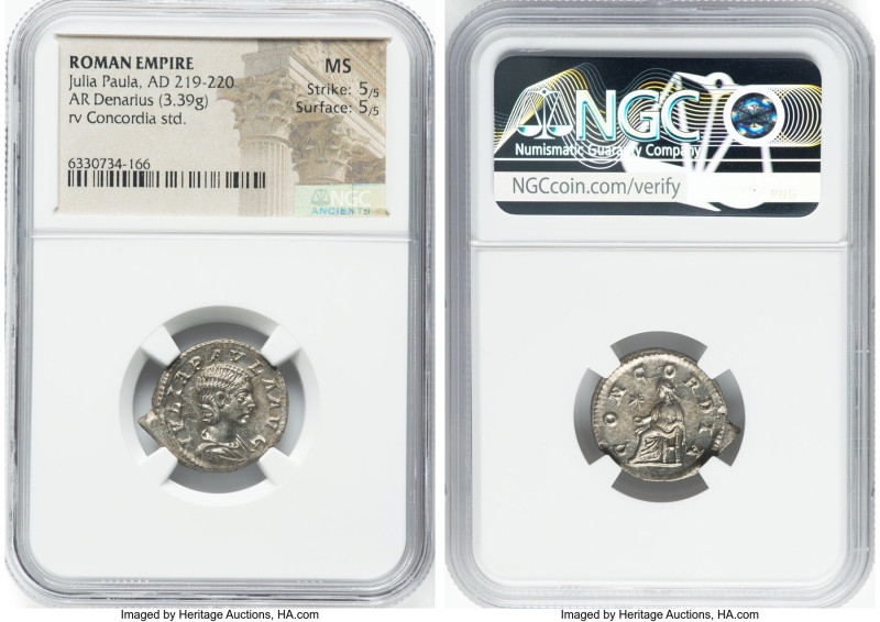 Julia Paula (AD 219-220). AR denarius (21mm, 3.39 gm, 12h). NGC MS 5/5 - 5/5. Ro...