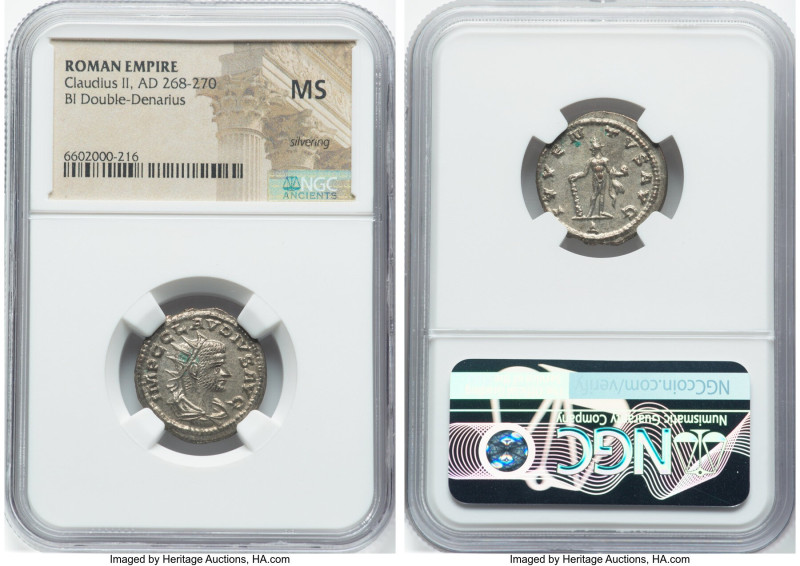 Claudius II (AD 268-270). BI antoninianus (21mm, 6h). NGC MS, Silvering. Antioch...