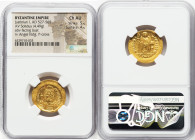 Justinian I the Great (AD 527-565). AV solidus (20mm, 4.49 gm, 6h). NGC Choice AU 5/5 - 4/5. Constantinople, 9th officina, ca. AD 545-565. D N IVSTINI...