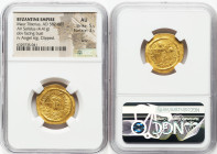 Maurice Tiberius (AD 582-602). AV solidus (23mm, 4.41 gm, 5h). NGC AU 5/5 - 3/5, bent, clipped. Constantinople, 3rd officina. o N mAVRC-TIb PP AVG, dr...