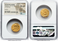 Heraclius (AD 610-641). AV semissis (18mm, 6h). NGC Choice XF, edge crimp, scratch. Constantinople, AD 613-641. d N hЄRACLI-ЧS PP AVG, pearl-diademed,...