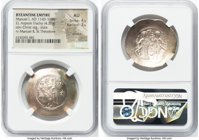 Manuel I Comnenus (AD 1143-1180). EL aspron trachy (32mm, 4.26 gm, 6h). NGC AU 4...