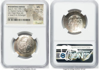 Isaac II Angelus (AD 1185-1195). EL aspron trachy (28mm, 3.73 gm, 6h). NGC MS 4/5 - 4/5. Constantinople. Virgin, nimbate, enthroned facing, holding ni...