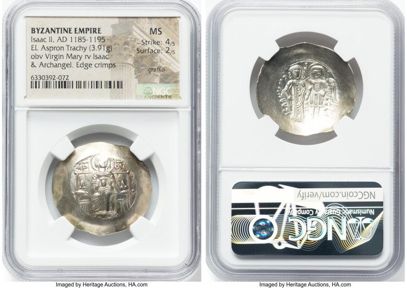 Isaac II Angelus (AD 1185-1195). EL aspron trachy (30mm, 3.91 gm, 6h). NGC MS 4/...