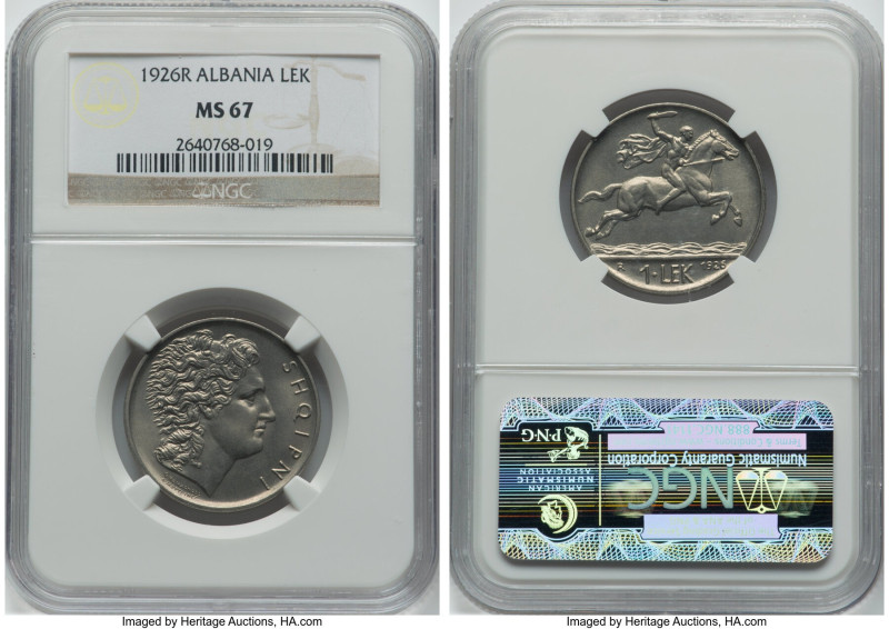 Zog I Lek 1926-R MS67 NGC, Rome mint, KM5. First year of type. Tied for top grad...