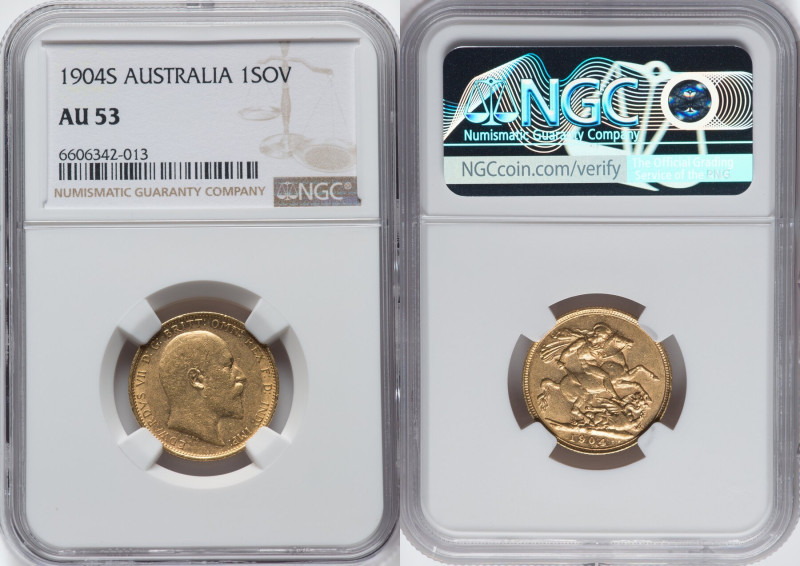 Edward VII gold Sovereign 1904-S AU53 NGC, Sydney mint, KM15, S-3973. HID0980124...