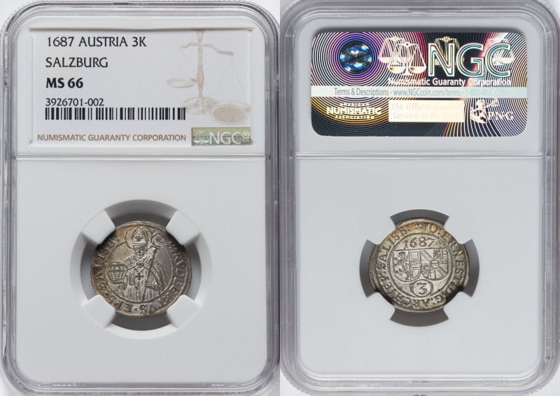 Salzburg. Johann Ernst 3 Kreuzer 1687 MS66 NGC, KM249. Top Grade Certified. HID0...