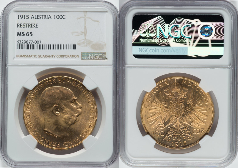 Franz Joseph I gold Restrike 100 Corona 1915 MS65 NGC, Vienna mint, KM2819, Fr-5...