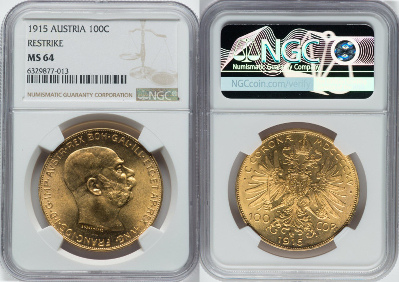 Franz Joseph I gold Restrike 100 Corona 1915 MS64 NGC, Vienna mint, KM2819, Fr-5...