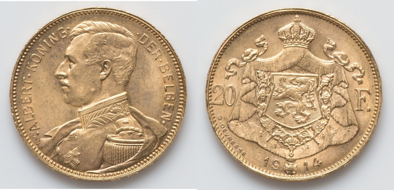 Albert I gold 20 Francs 1914 UNC, Brussels mint, KM79, Fr-422. 6.45gm. Flemish l...