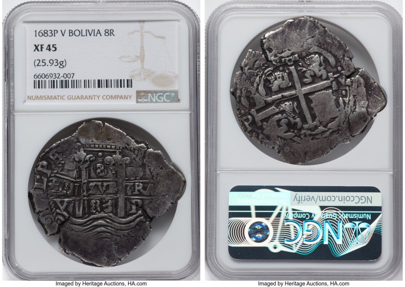 Charles II Cob 8 Reales 1683 P-V XF45 NGC, Potosi mint, KM26, Cal-721. 25.93gm. ...