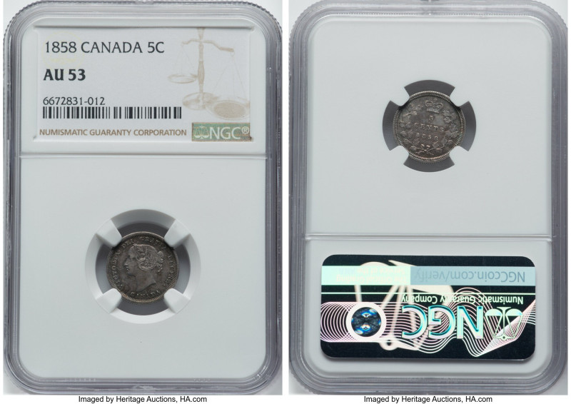 Victoria "Small Date" 5 Cents 1858 AU53 NGC, London mint, KM2. HID09801242017 © ...