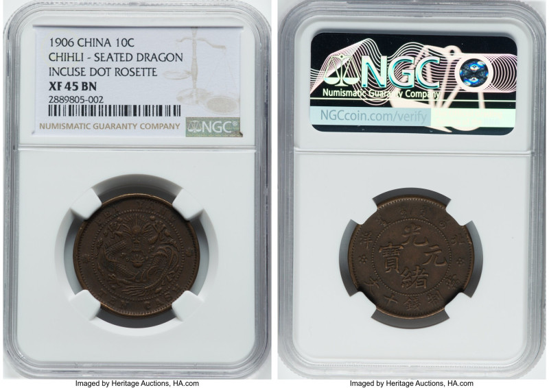 Chihli. Kuang-hsü 10 Cash CD 1906 XF45 Brown NGC, Seated Dragon, Incuse dot Rose...