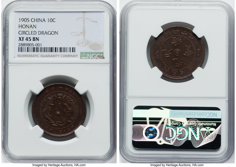 Honan. Kuang-hsü 10 Cash ND (1905) XF45 Brown NGC, KM-Y108. Circled Dragon. HID0...