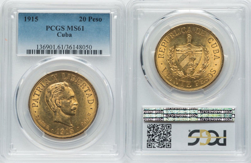 Republic gold 20 Pesos 1915 MS61 PCGS, Philadelphia mint, KM21. HID09801242017 ©...