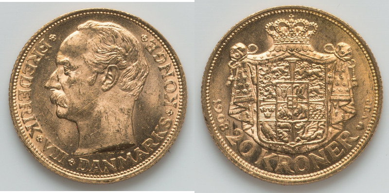 Frederik VIII gold 20 Kroner 1908 (h)-VBP UNC, Copenhagen mint, KM810. HID098012...