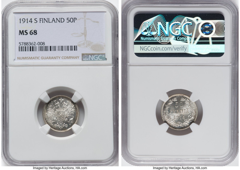 Russian Duchy. Nicholas II 50 Pennia 1914-S MS68 NGC, Helsinki, KM2.2. "Top Pop"...