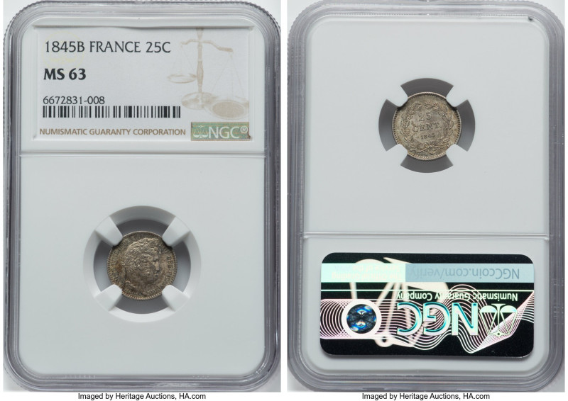 Louis Philippe I 25 Centimes 1845-B MS63 NGC, Rouen mint, KM755.2. HID0980124201...