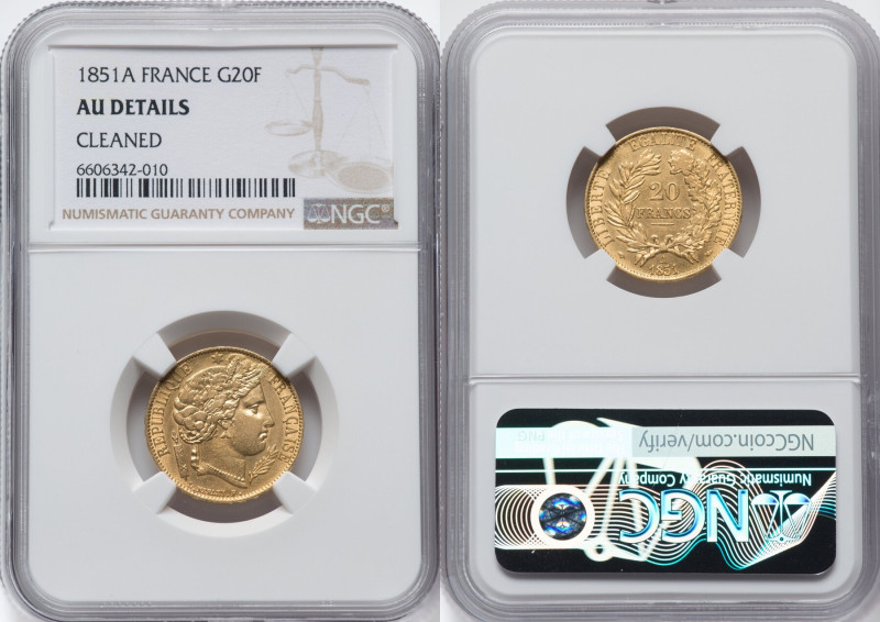 Republic gold 20 Francs 1851-A AU Details (Cleaned) NGC, Paris mint, KM762, Fr-5...