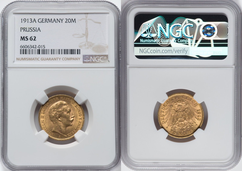 Prussia. Wilhelm II gold 20 Mark 1913-A MS62 NGC, Berlin mint, KM521, Fr-3831. H...