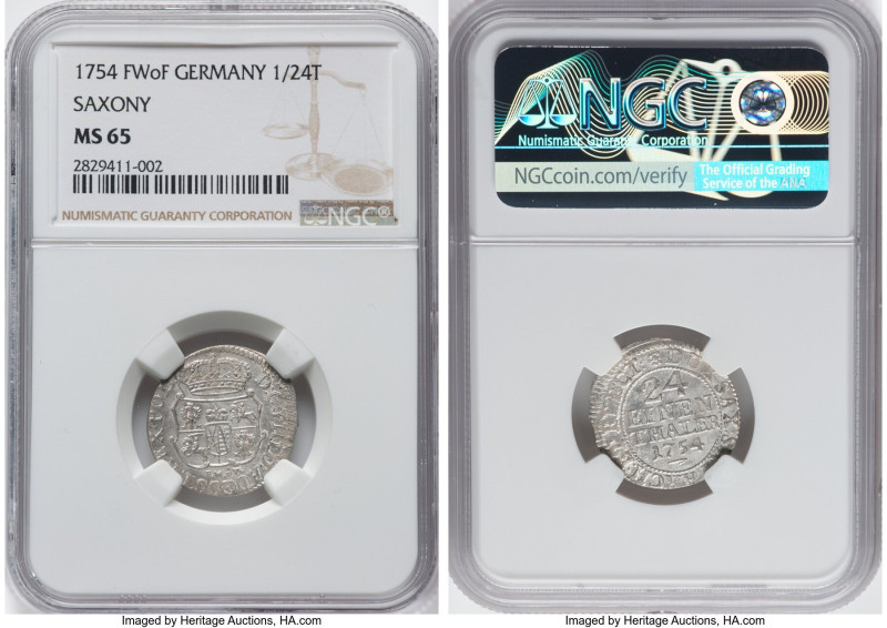 Saxony. Friedrich August II 1/24 Taler 1754-FWoF MS65 NGC, Dresden mint, KM884. ...